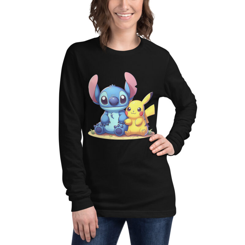 unisex long sleeve tee black front pikachu con stitch