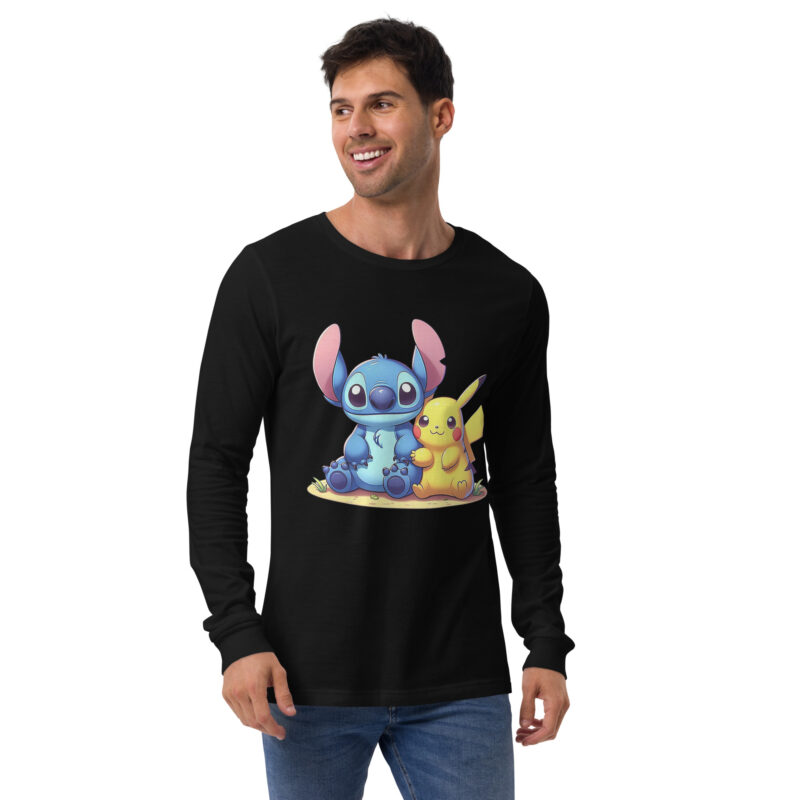 unisex long sleeve tee black front pikachu con stitch