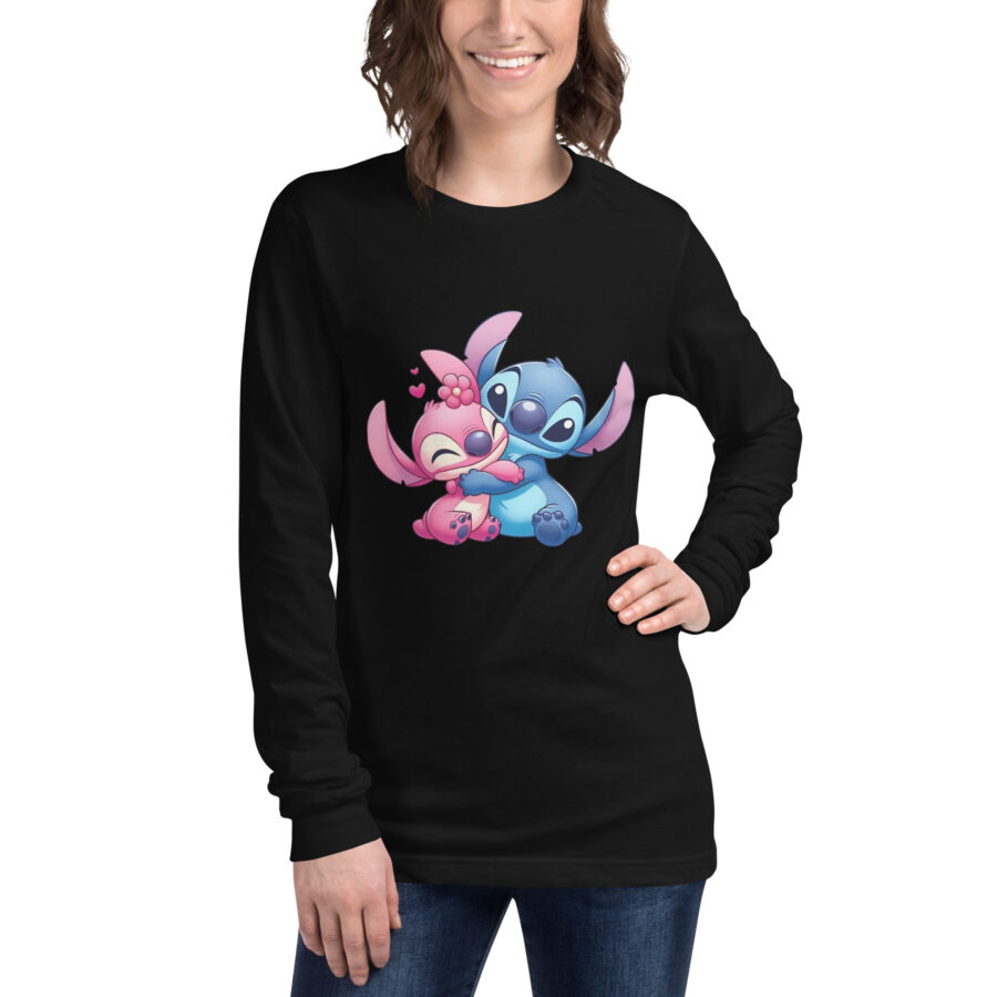 unisex long sleeve tee black front pareja de stitch
