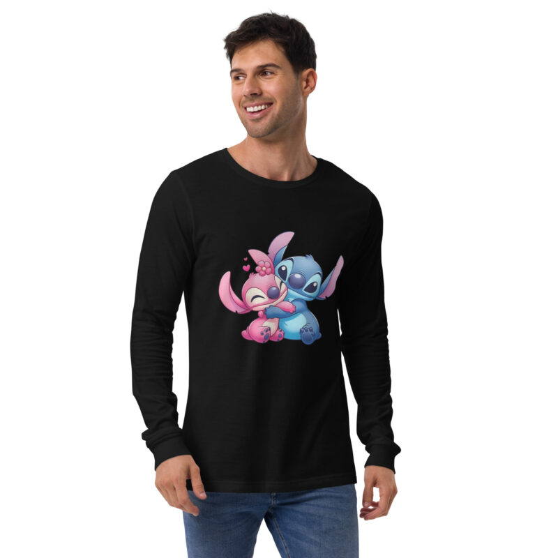 unisex long sleeve tee black front pareja de stitch
