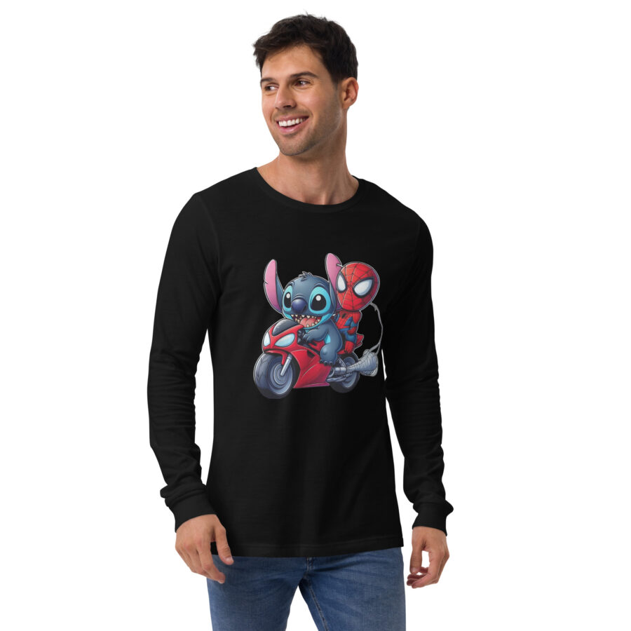 unisex long sleeve tee black front stitch y spiderman en moto