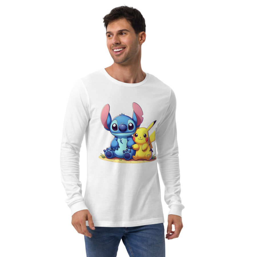 unisex long sleeve tee white front pikachu con stitch