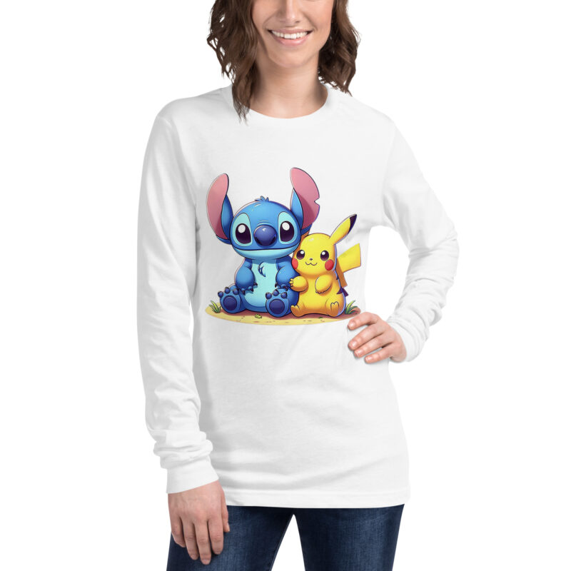 unisex long sleeve tee white front pikachu con stitch