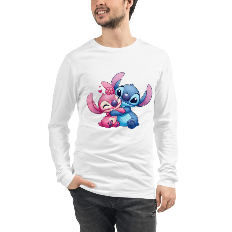 unisex long sleeve tee white front pareja de stitch