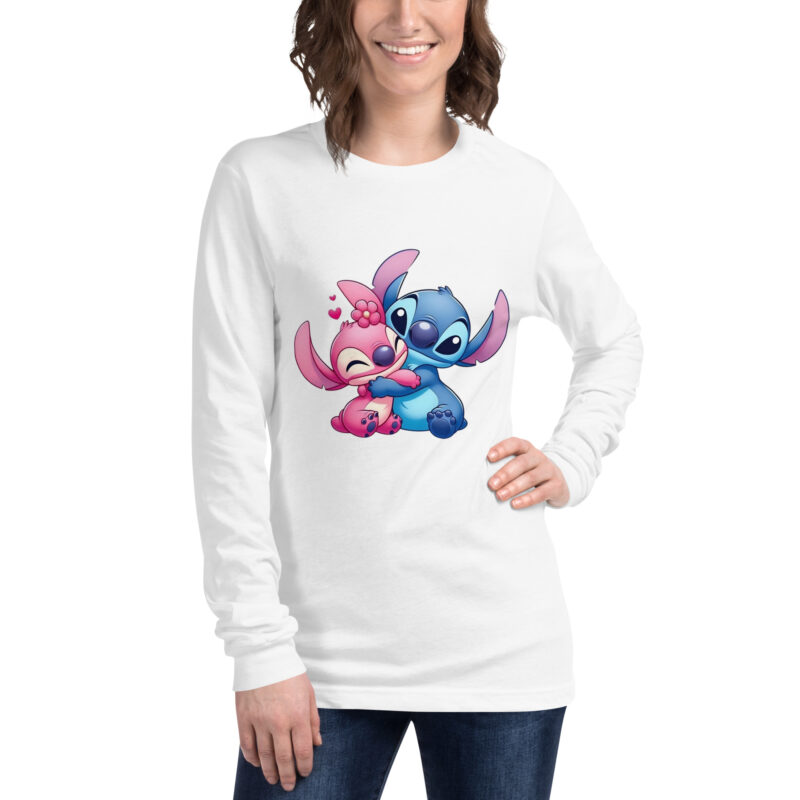 unisex long sleeve tee white front pareja de stitch
