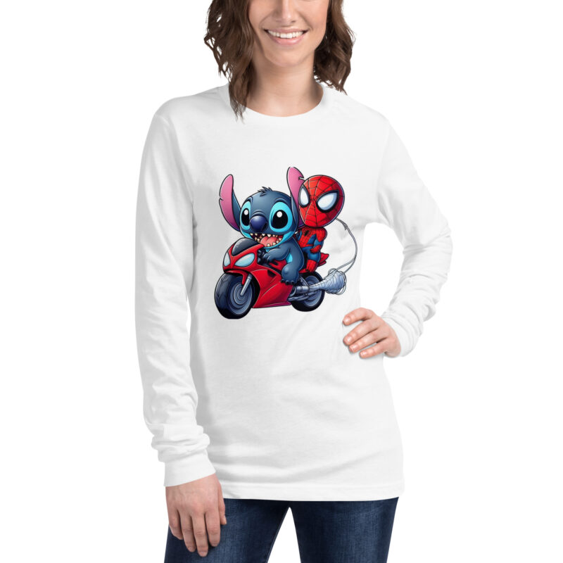 unisex long sleeve tee white front stitch y spiderman en moto