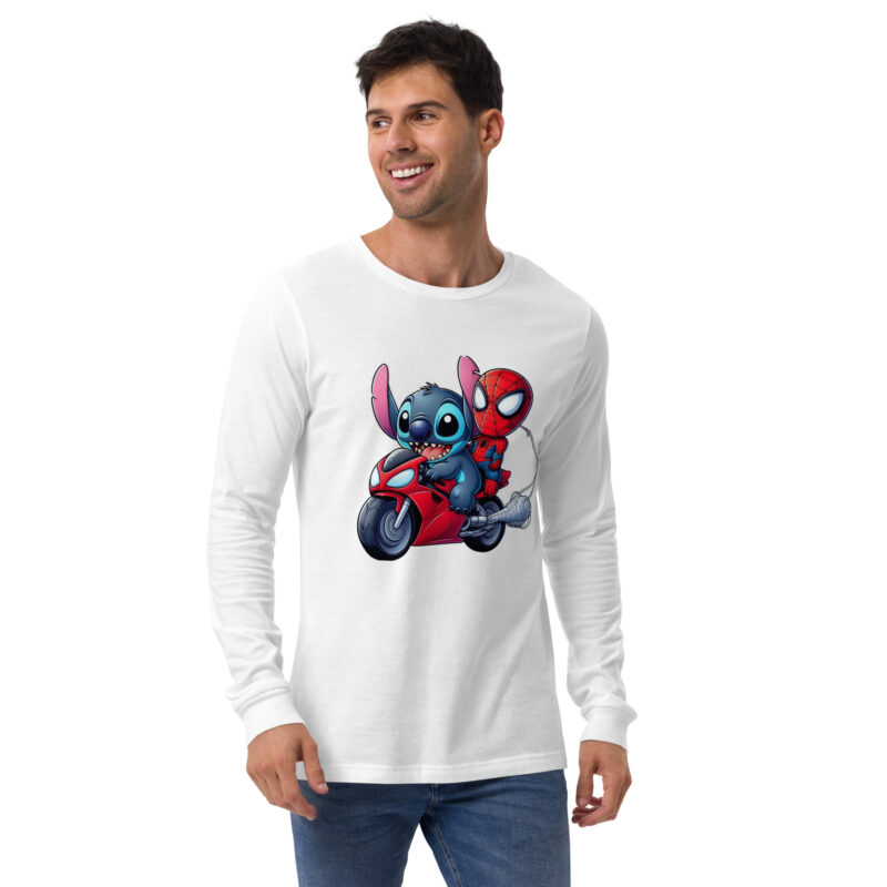 unisex long sleeve tee white front stitch y spiderman en moto
