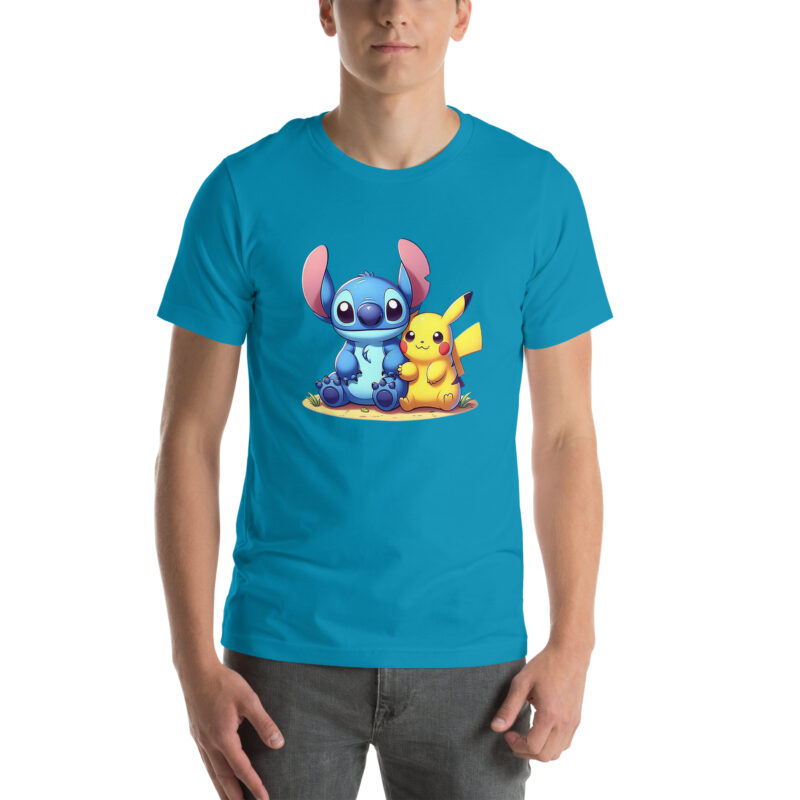 unisex staple t shirt aqua front Stitch and pikachu