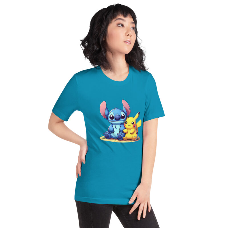 unisex staple t shirt aqua right front Stitch and pikachu