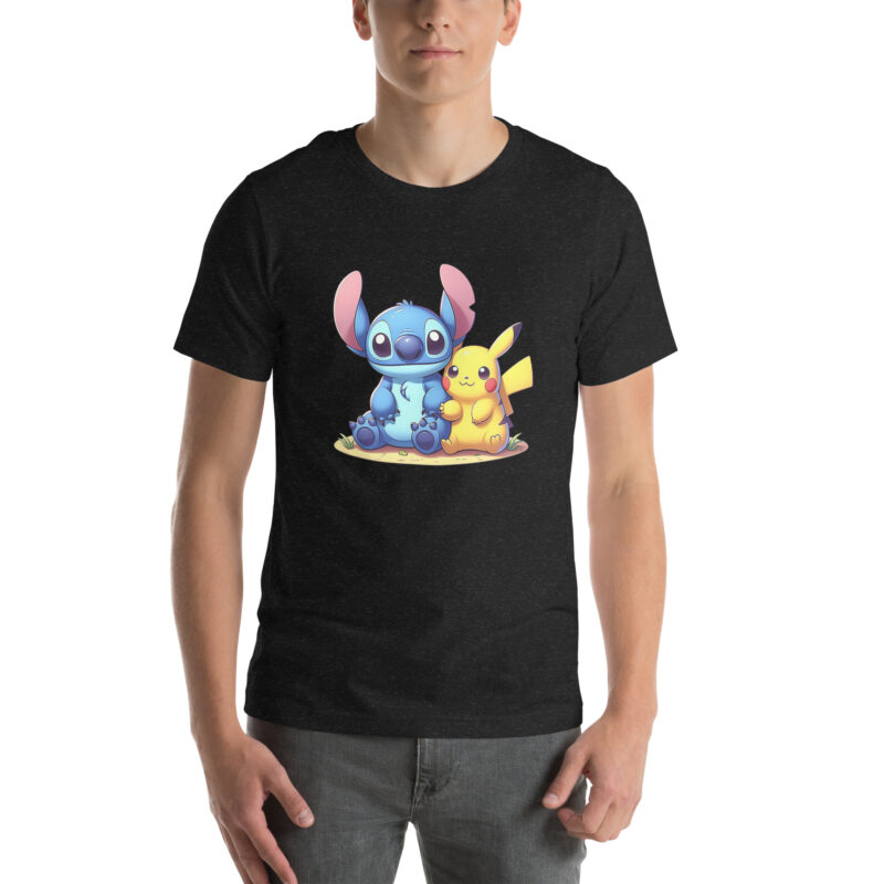 unisex staple t shirt black heather front Stitch and pikachu