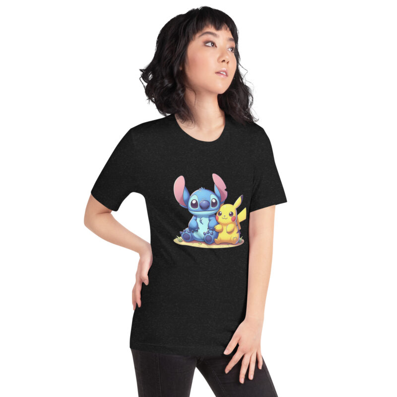 unisex staple t shirt black heather right front Stitch and pikachu