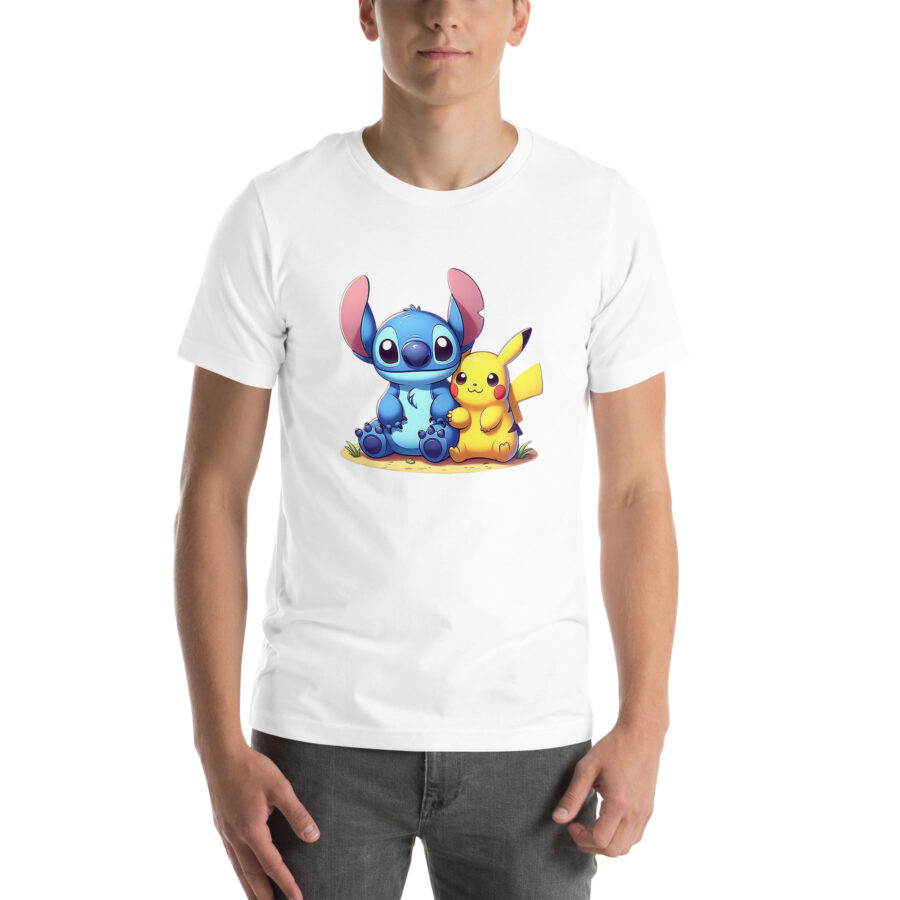 unisex staple t shirt white front Stitch and pikachu