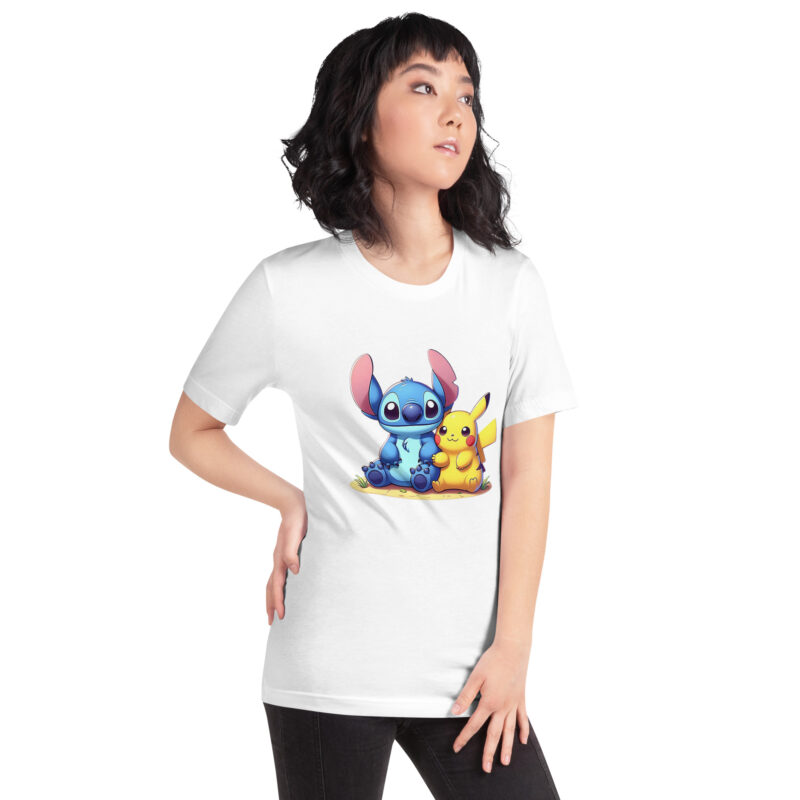 unisex staple t shirt white right front Stitch and pikachu