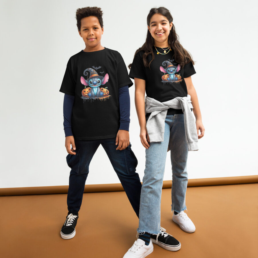 youth classic tee black front Halloween Stitch